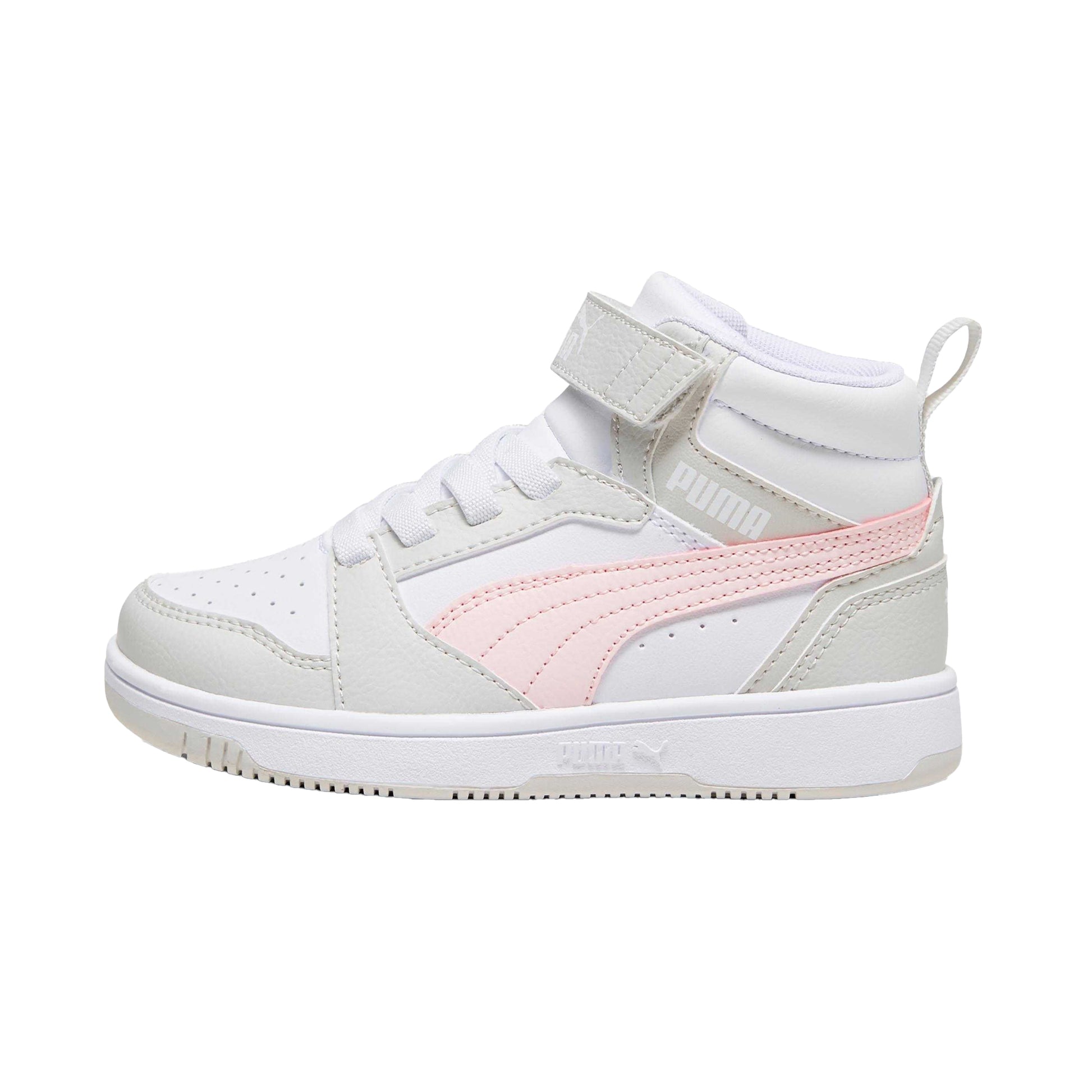 White-Pink - Back - Puma Childrens-Kids Rebound V6 Mid Leather Trainers