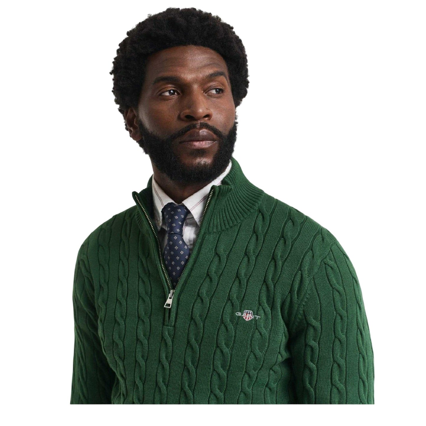 Green - Side - Gant Mens Cable Cotton Half Zip Fleece