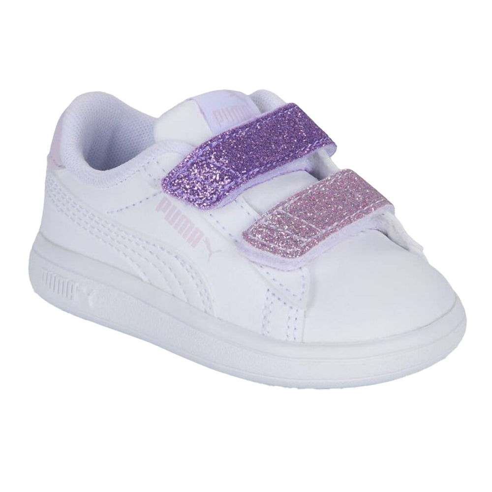 White-Pink - Front - Puma Childrens-Kids Smash 3.0 Glitter Leather Trainers