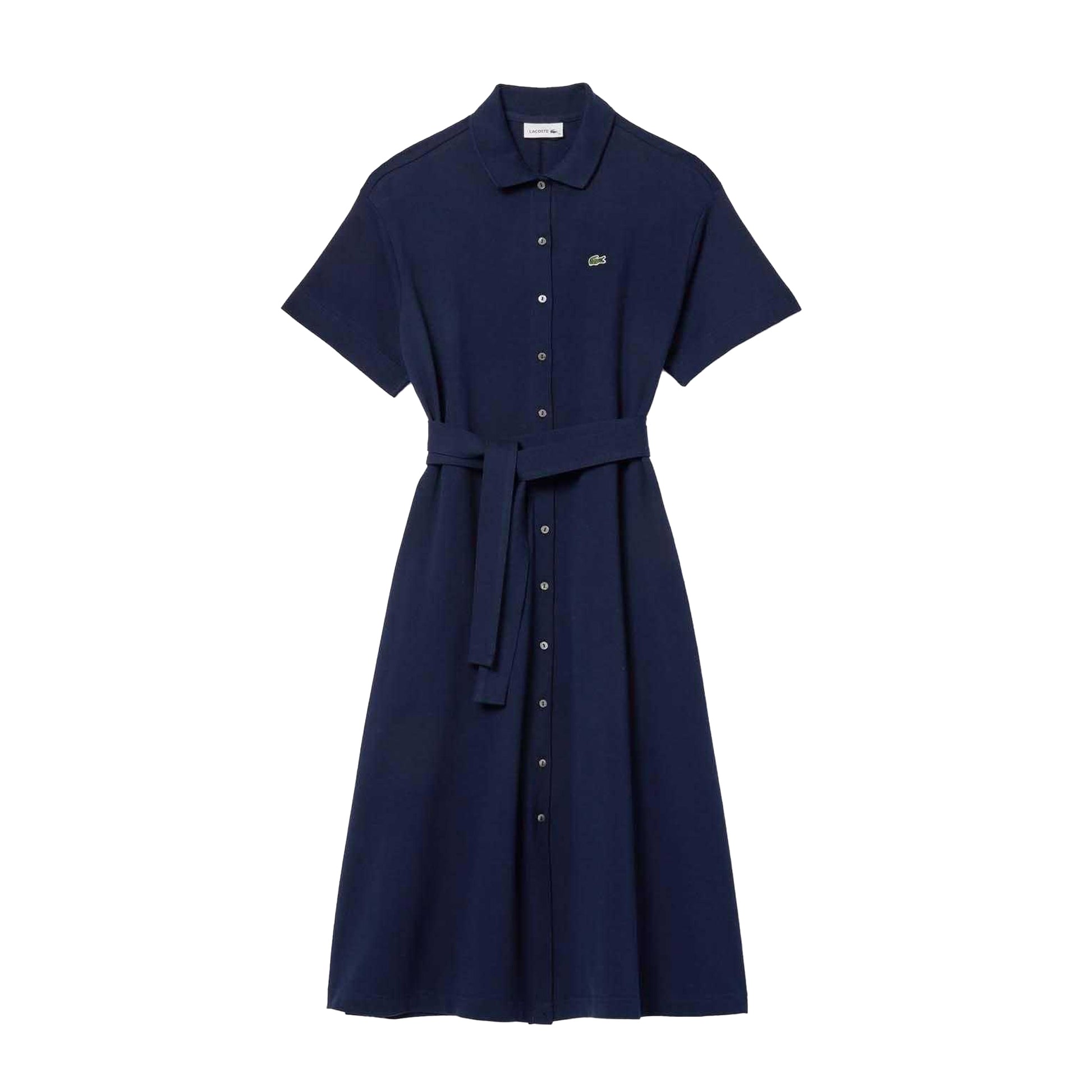 Blue - Front - Lacoste Womens-Ladies Pique Belted Polo Shirt Dress