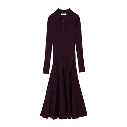Brown - Front - Lacoste Womens-Ladies Wool Long-Sleeved Polo Shirt Dress