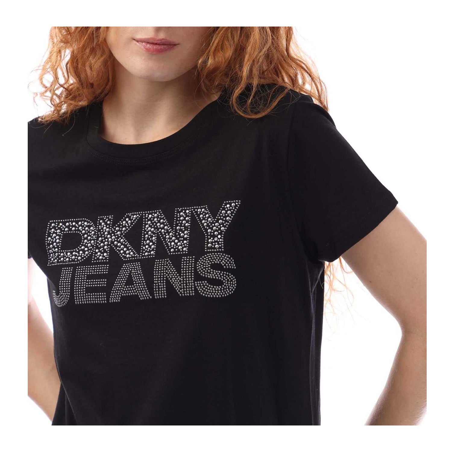 Black - Side - DKNY Womens-Ladies Rhinestone Logo T-Shirt