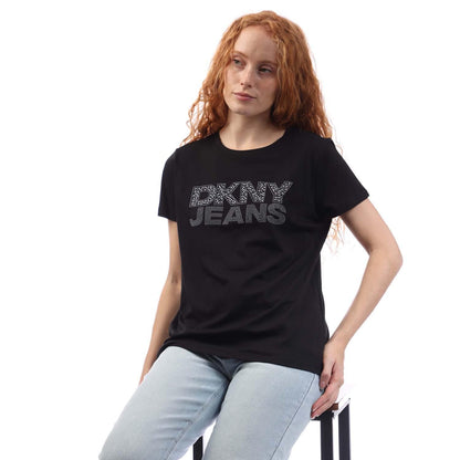 Black - Lifestyle - DKNY Womens-Ladies Rhinestone Logo T-Shirt