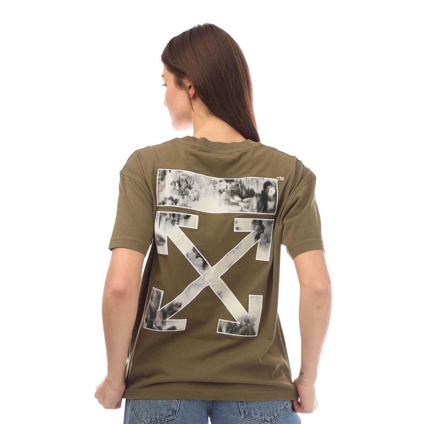 Green - Back - Off White Womens-Ladies Flock Chine Flower Arrow T-Shirt