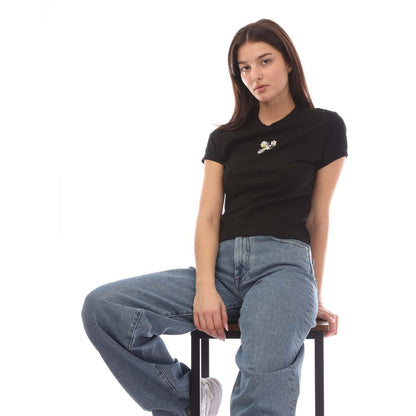 Black - Side - Off White Womens-Ladies Embroidered Flower T-Shirt