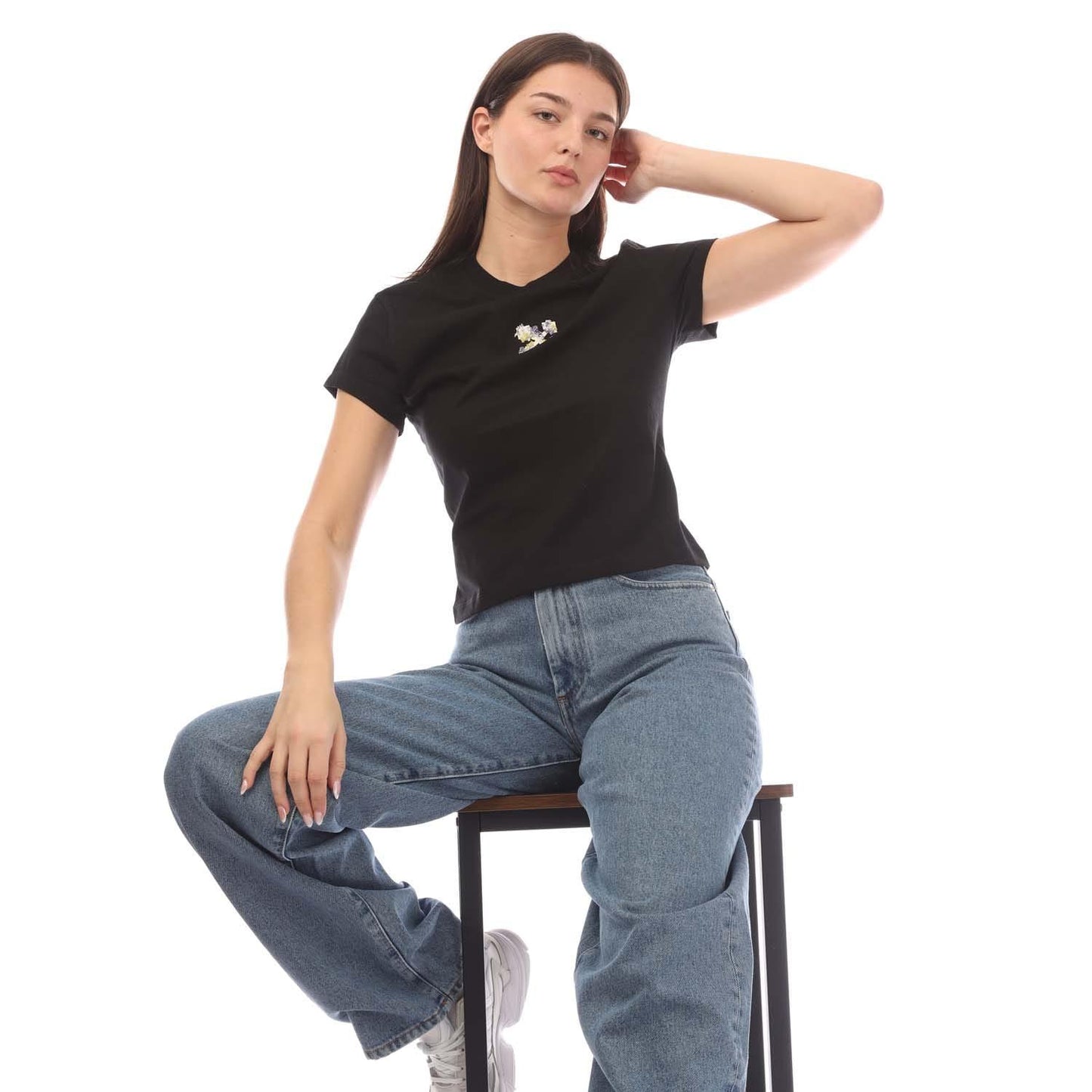 Black - Lifestyle - Off White Womens-Ladies Embroidered Flower T-Shirt