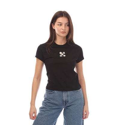 Black - Front - Off White Womens-Ladies Embroidered Flower T-Shirt
