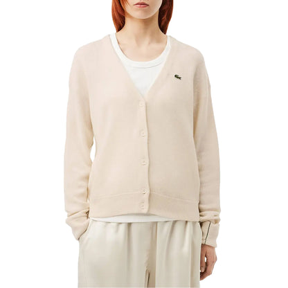 Cream - Side - Lacoste Womens-Ladies Essentials Cotton Cardigan