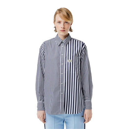 Navy - Lifestyle - Lacoste Womens-Ladies Bandier Cotton Poplin Stripes Long-Sleeved Shirt