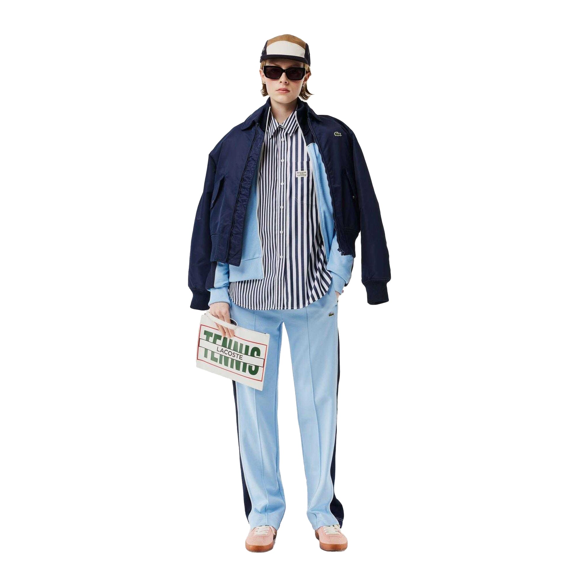 Navy - Pack Shot - Lacoste Womens-Ladies Bandier Cotton Poplin Stripes Long-Sleeved Shirt