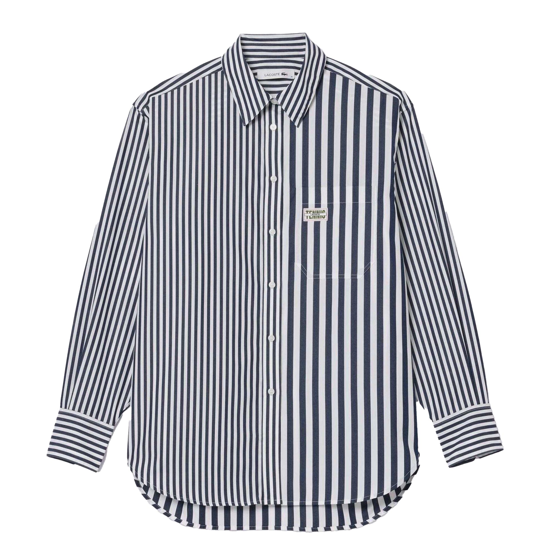 Navy - Front - Lacoste Womens-Ladies Bandier Cotton Poplin Stripes Long-Sleeved Shirt