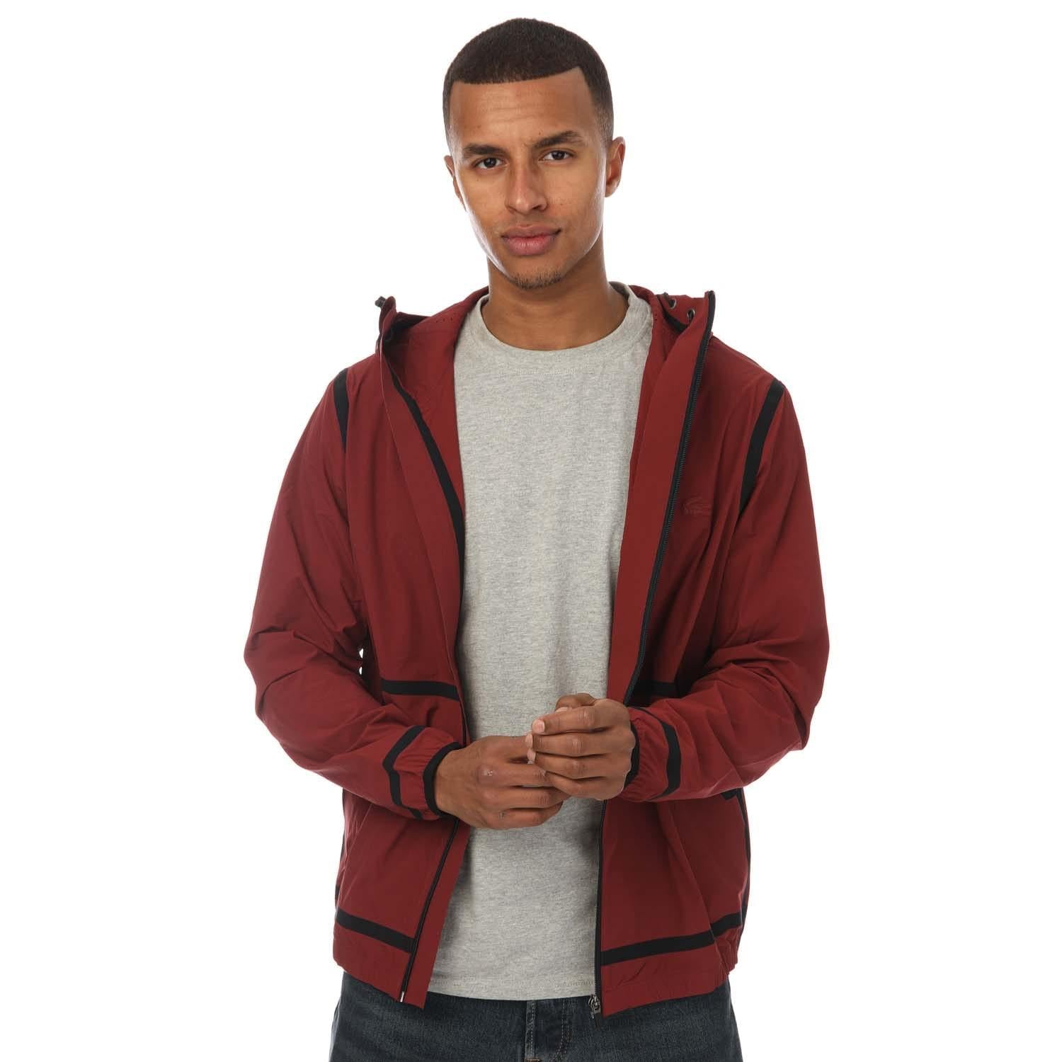 Wine - Front - Lacoste Mens Lettering Light Hooded Jacket