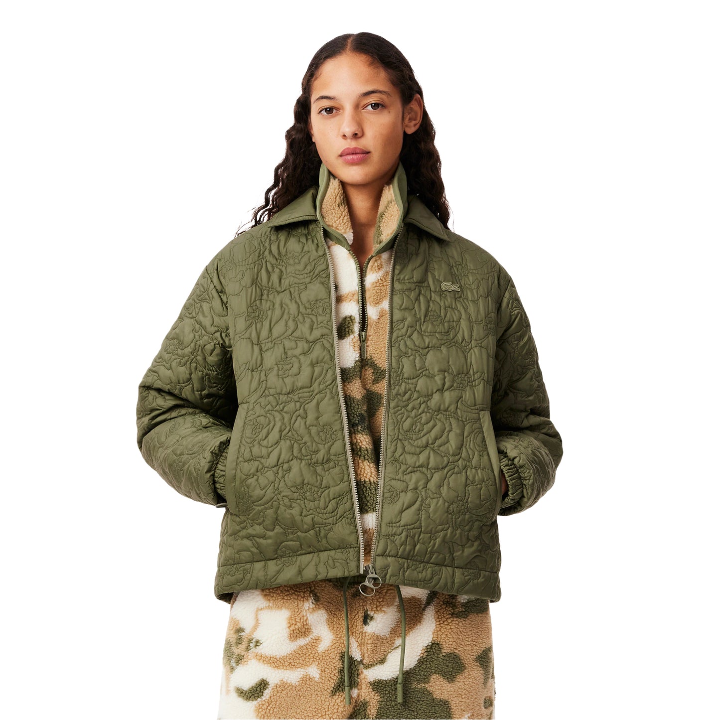 Khaki Green - Side - Lacoste Womens-Ladies Floral Quilted Jacket