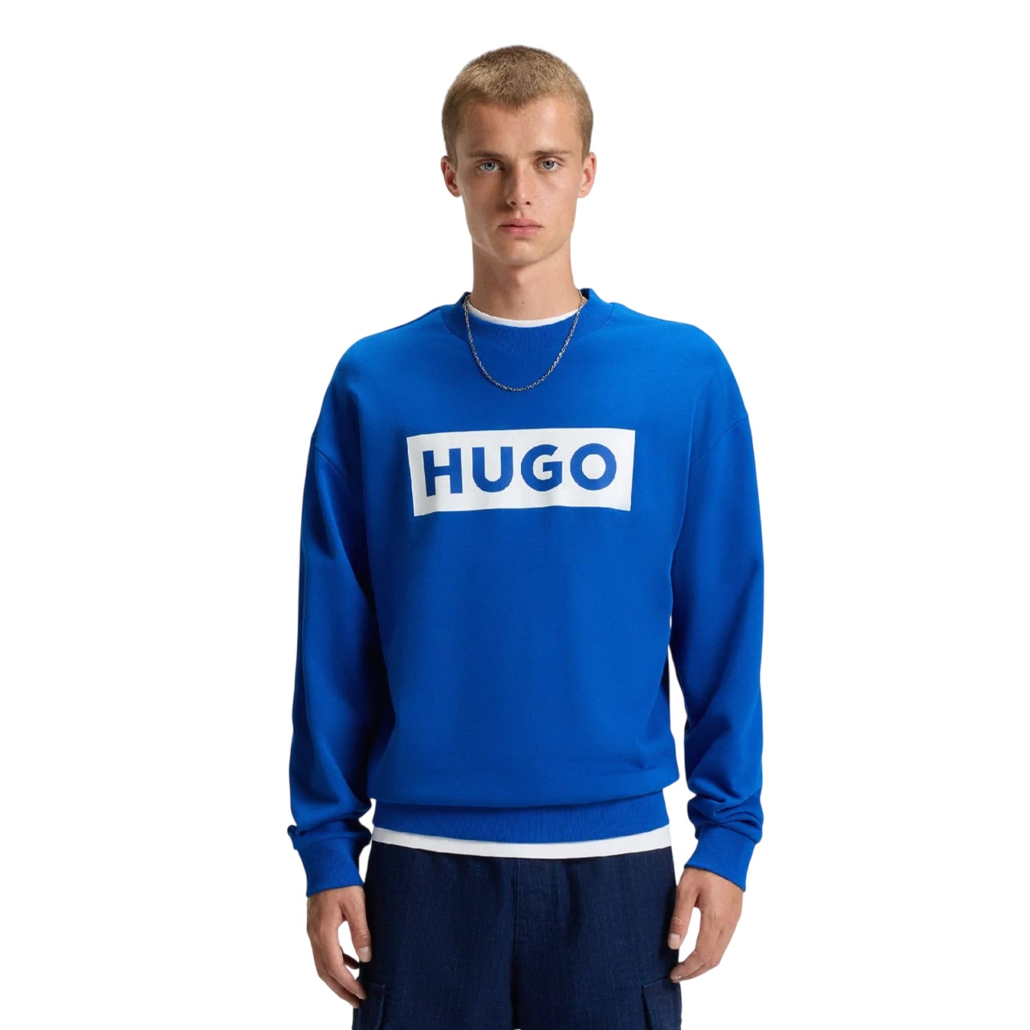 Blue - Side - Hugo Mens Niero Logo Crew Neck Sweatshirt