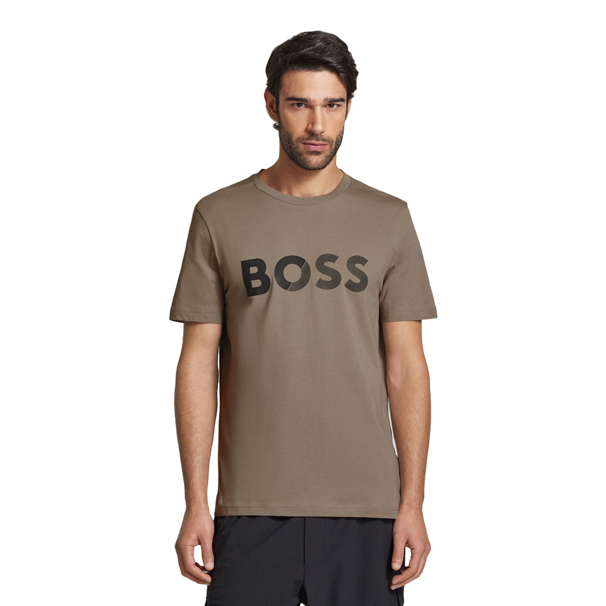 Beige - Side - Boss Mens Large Logo Cotton T-Shirt