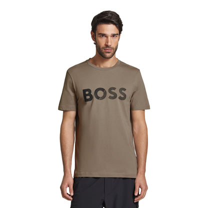 Beige - Side - Boss Mens Large Logo Cotton T-Shirt
