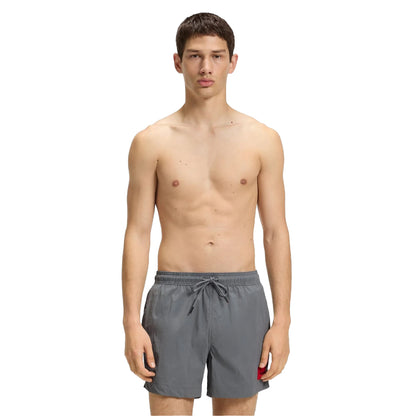 Grey - Side - Hugo Mens Dominica Label Logo Swim Shorts