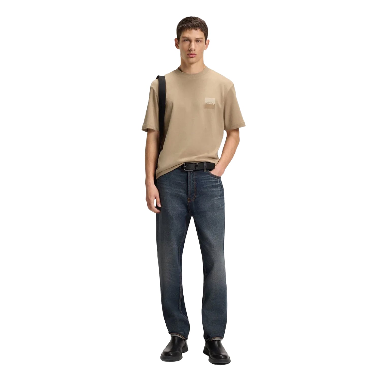 Beige - Side - Hugo Mens Dusplito Split Logo T-Shirt