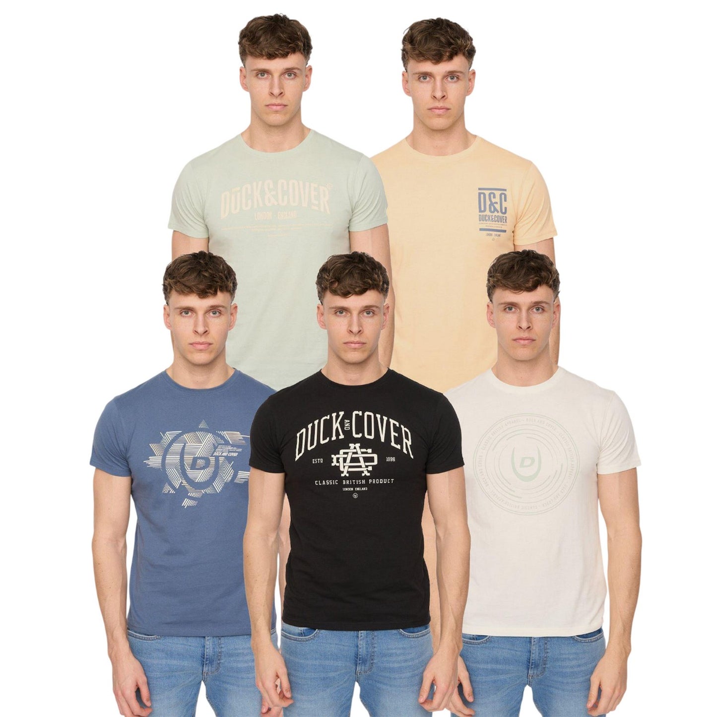 Multicoloured - Front - Duck and Cover Mens Haltecks T-Shirt (Pack of 5)