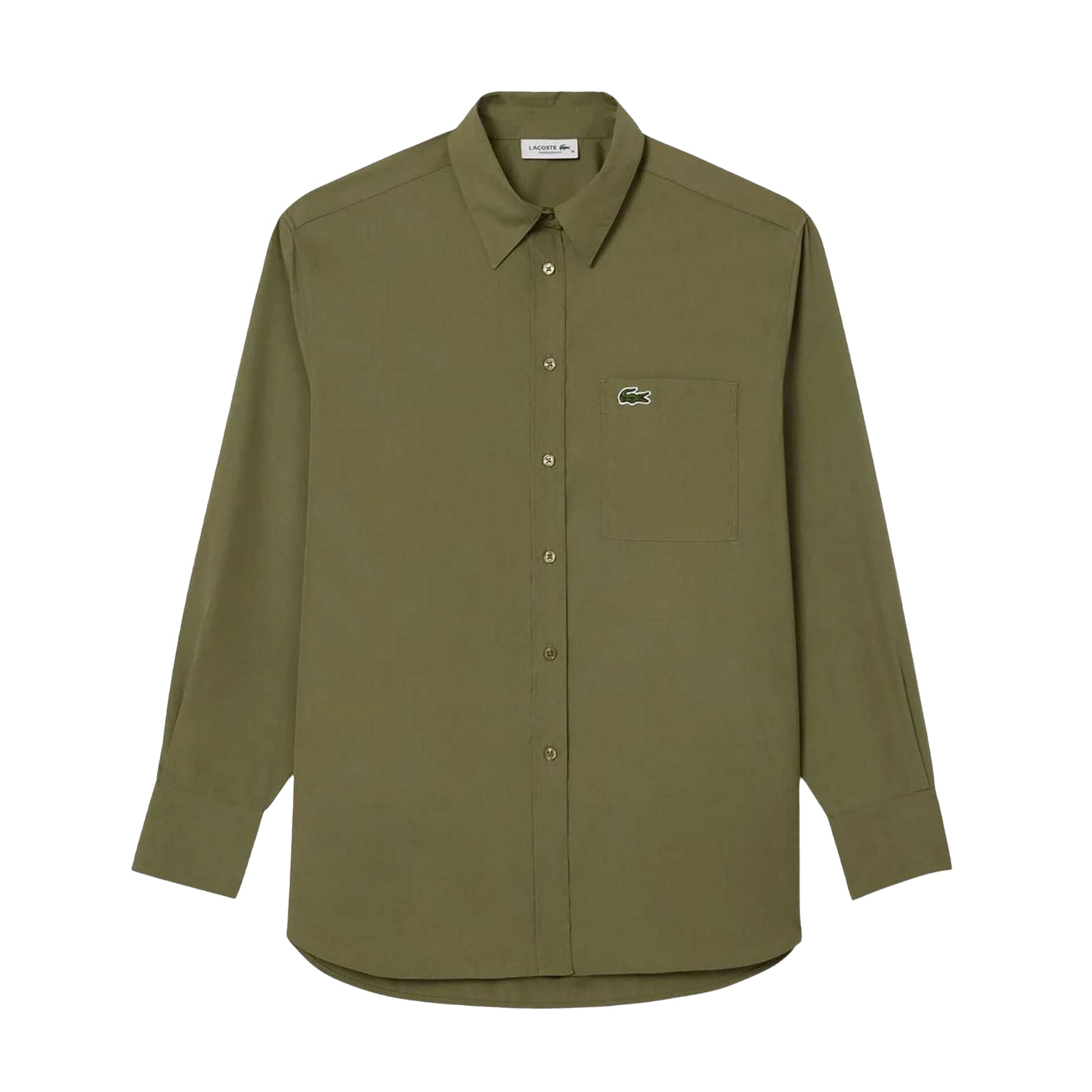 Khaki Green - Front - Lacoste Womens-Ladies Poplin Oversized Long-Sleeved Shirt