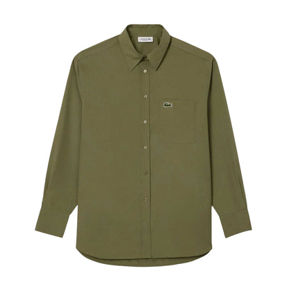 Khaki Green - Front - Lacoste Womens-Ladies Poplin Oversized Long-Sleeved Shirt
