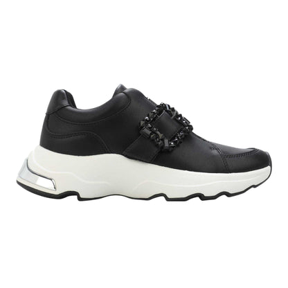 Black - Front - DKNY Womens-Ladies Jendaya Leather Buckle Trainers