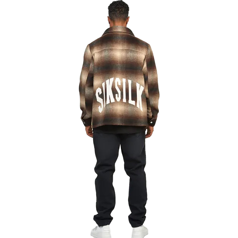 Brown - Back - SikSilk Unisex Adult Checked Logo Overshirt