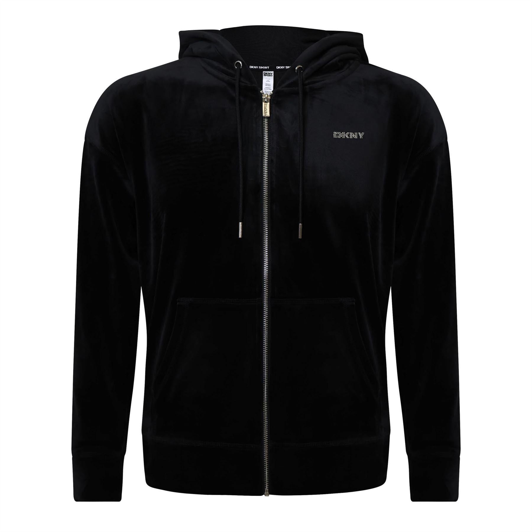 Black - Front - DKNY Womens-Ladies Rhinestone Logo Full Zip Hoodie
