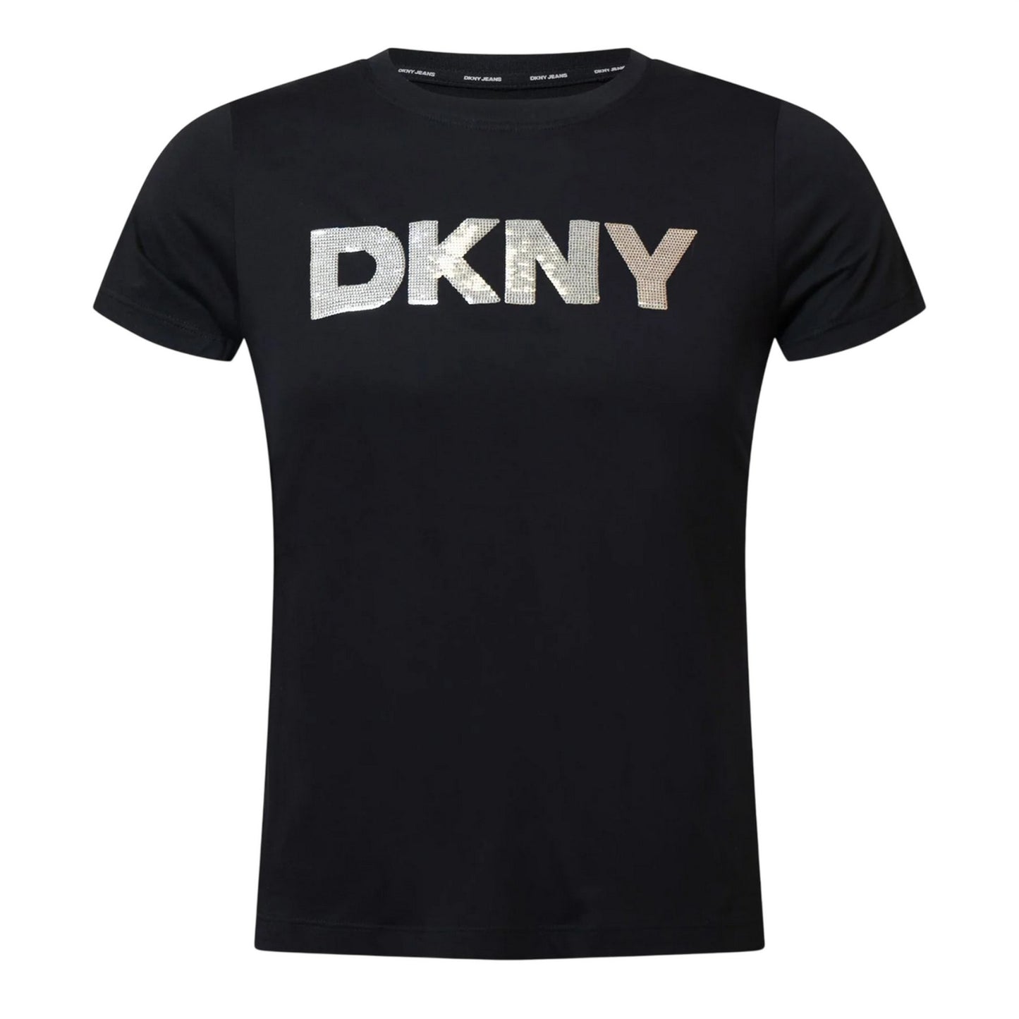 Black-Silver - Front - DKNY Womens-Ladies Logo Sequin Crew Neck T-Shirt