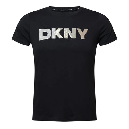 Black-Silver - Front - DKNY Womens-Ladies Logo Sequin Crew Neck T-Shirt