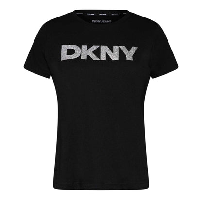 Black-Silver - Front - DKNY Womens-Ladies Glitter Logo T-Shirt