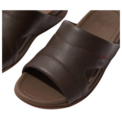 Brown - Side - Fit Flop Mens Freeway Leather Pool Sliders