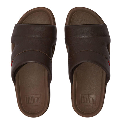 Brown - Lifestyle - Fit Flop Mens Freeway Leather Pool Sliders
