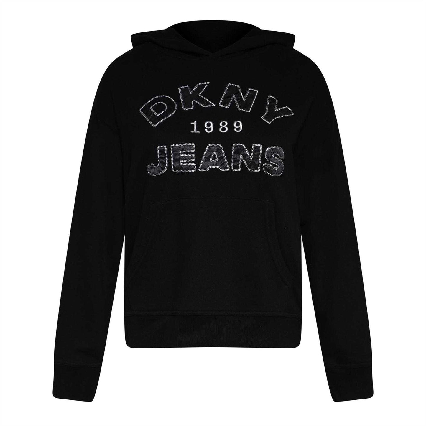 Black-Silver - Front - DKNY Womens-Ladies Appliqué Satin Hoodie