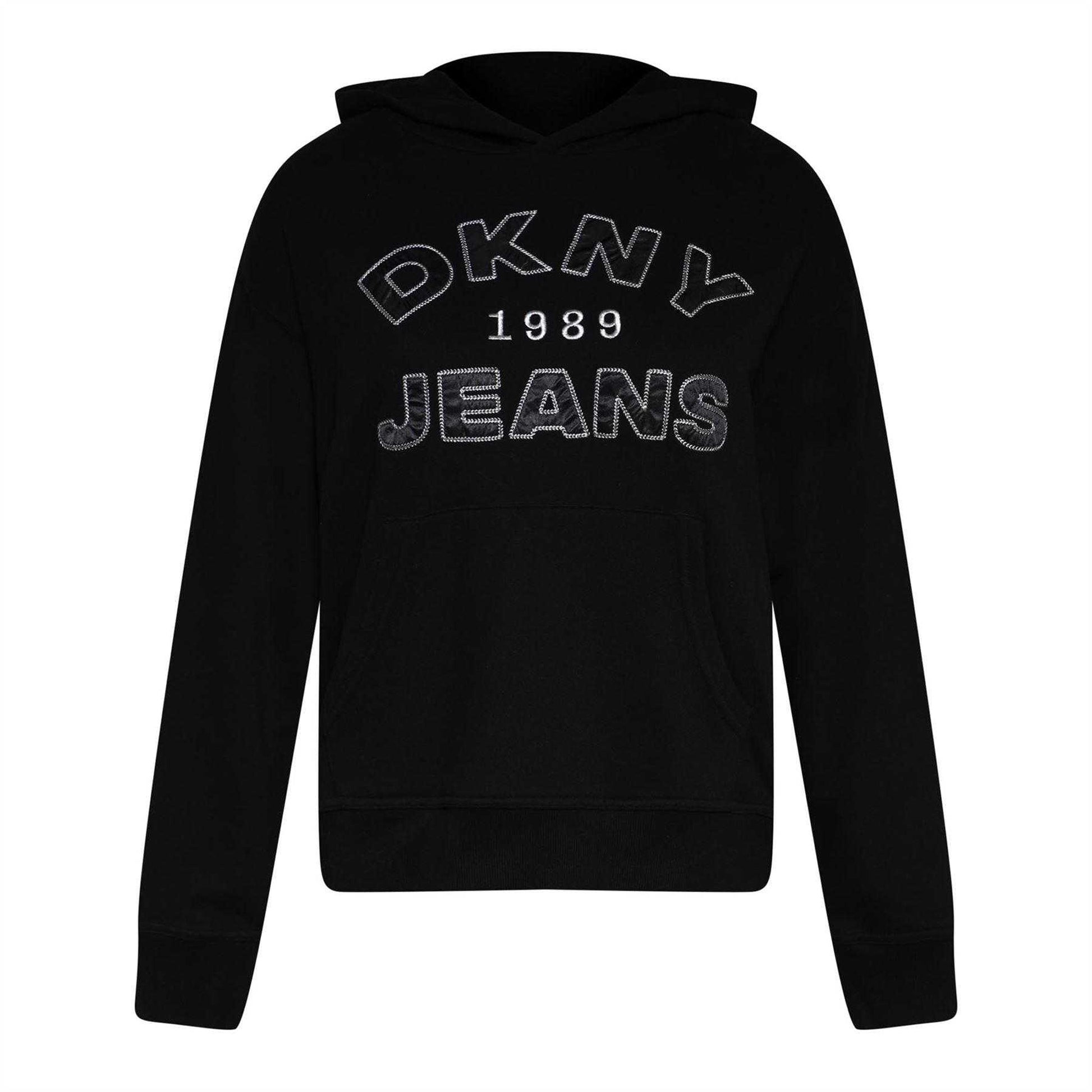 Black-Silver - Front - DKNY Womens-Ladies Appliqué Satin Hoodie
