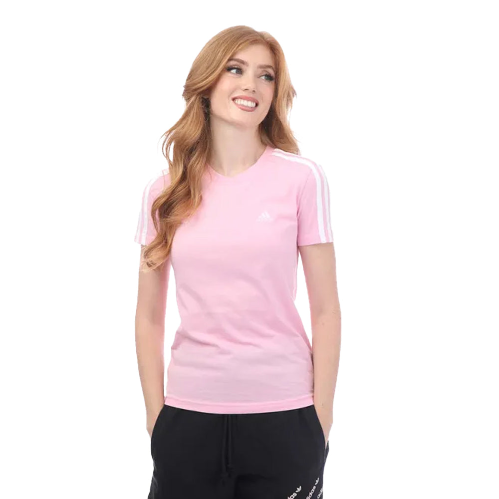 Pink-White - Back - Adidas Womens-Ladies Essentials 3 Stripes Slim T-Shirt