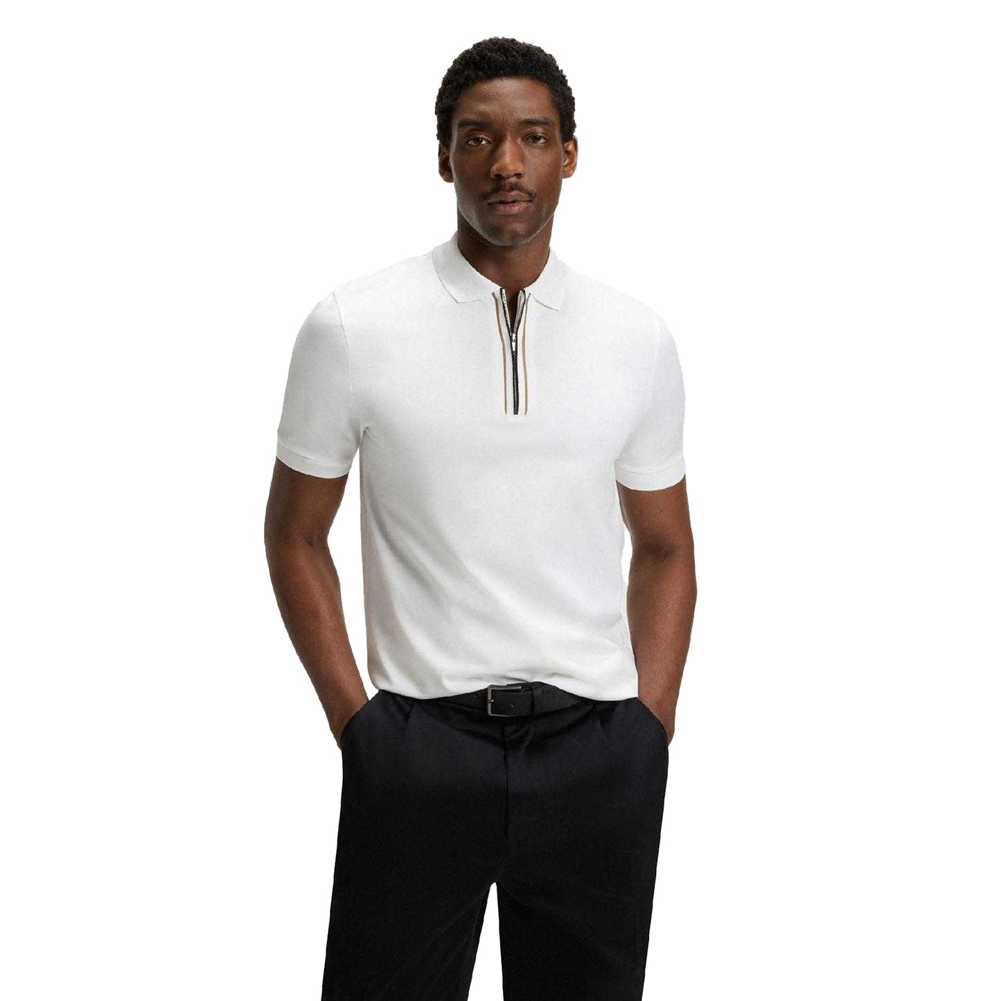 White - Side - Boss Mens H-Paras 65 Cotton Zipped Polo Shirt