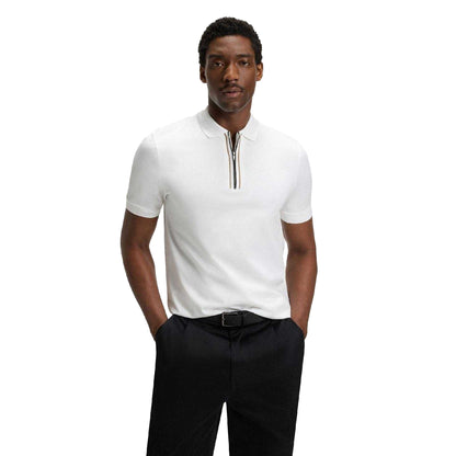 White - Side - Boss Mens H-Paras 65 Cotton Zipped Polo Shirt