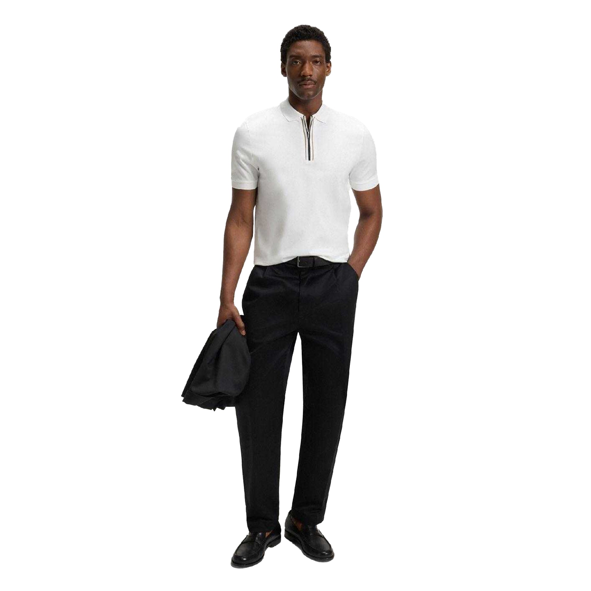 White - Pack Shot - Boss Mens H-Paras 65 Cotton Zipped Polo Shirt