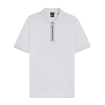 White - Front - Boss Mens H-Paras 65 Cotton Zipped Polo Shirt