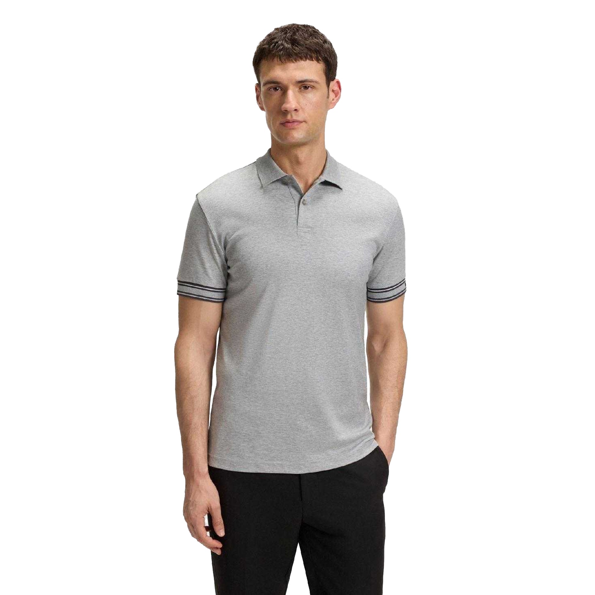Silver - Back - Boss Mens Zone Stripe Cuffed Slim Polo Shirt