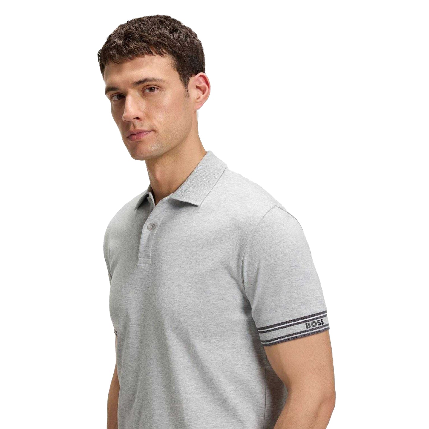 Silver - Side - Boss Mens Zone Stripe Cuffed Slim Polo Shirt