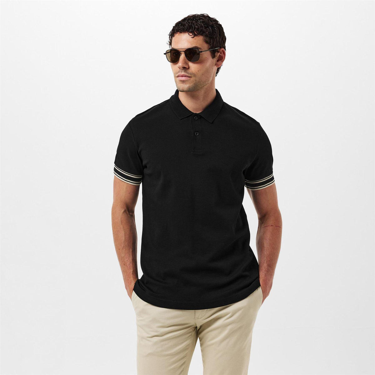 Black - Side - Boss Mens Zone Stripe Cuffed Slim Polo Shirt