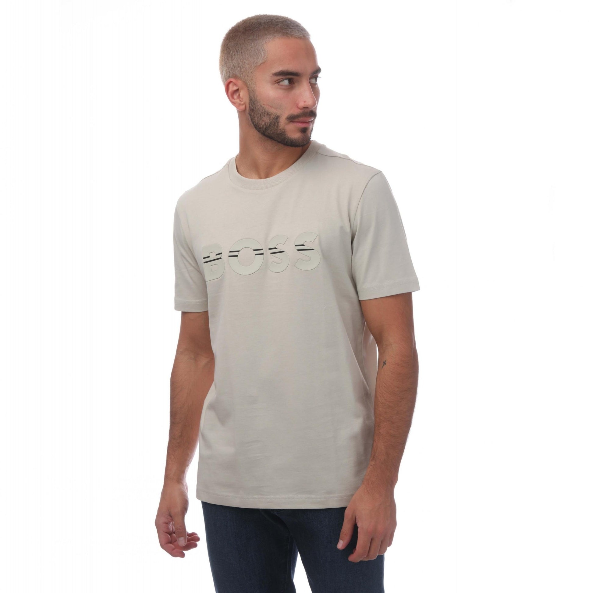 Beige - Front - Hugo Boss Mens Logo Regular T-Shirt