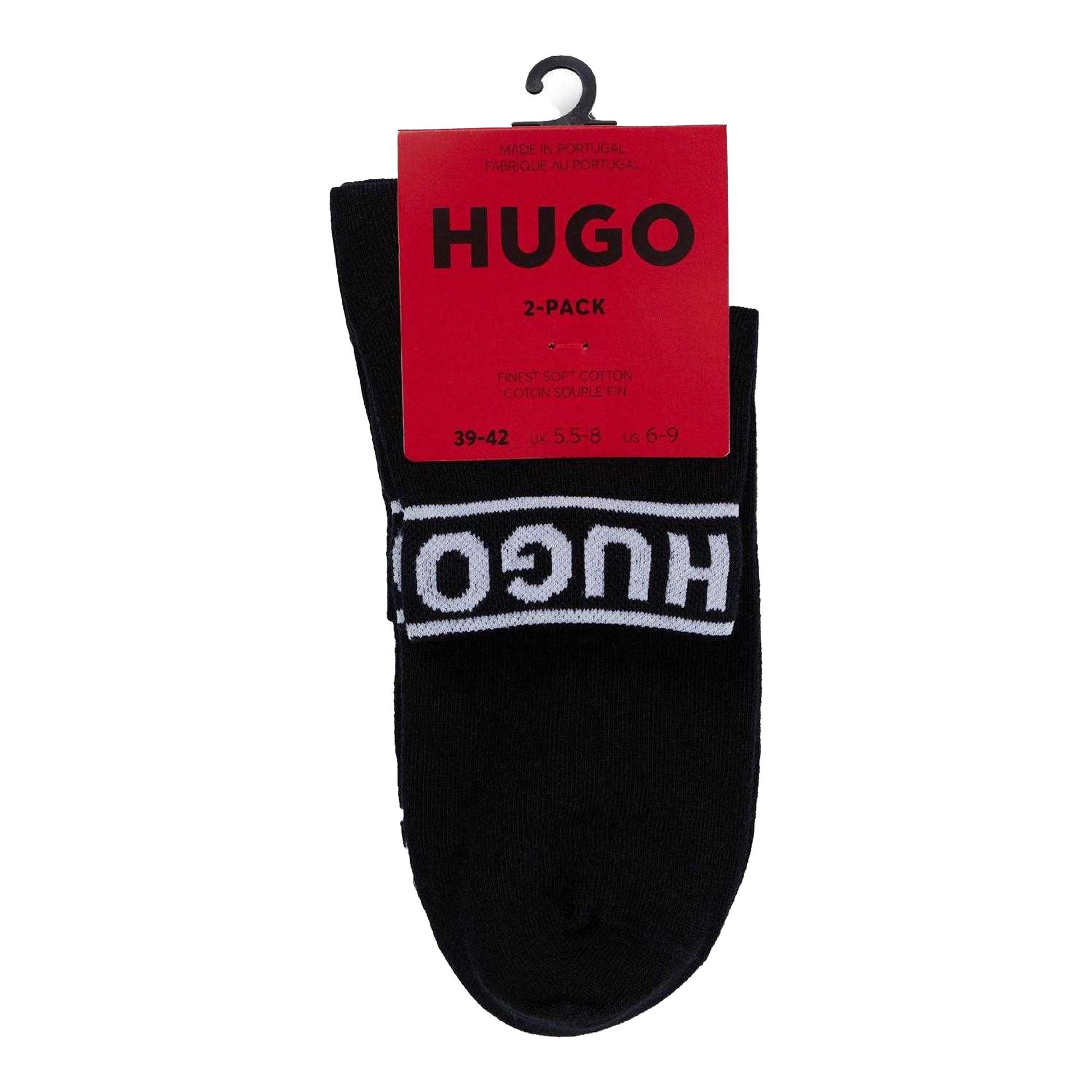 Black - Side - Hugo Unisex Adult Logo Cuffed Socks (Pack of 2)