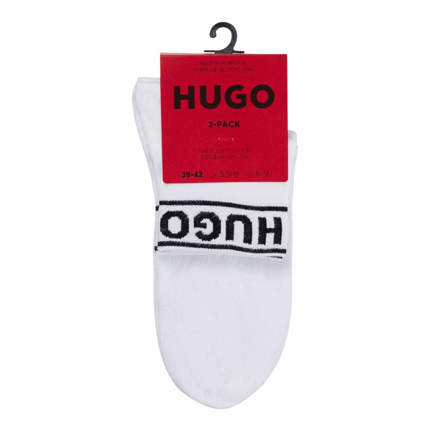 White - Side - Hugo Unisex Adult Logo Cuffed Socks (Pack of 2)
