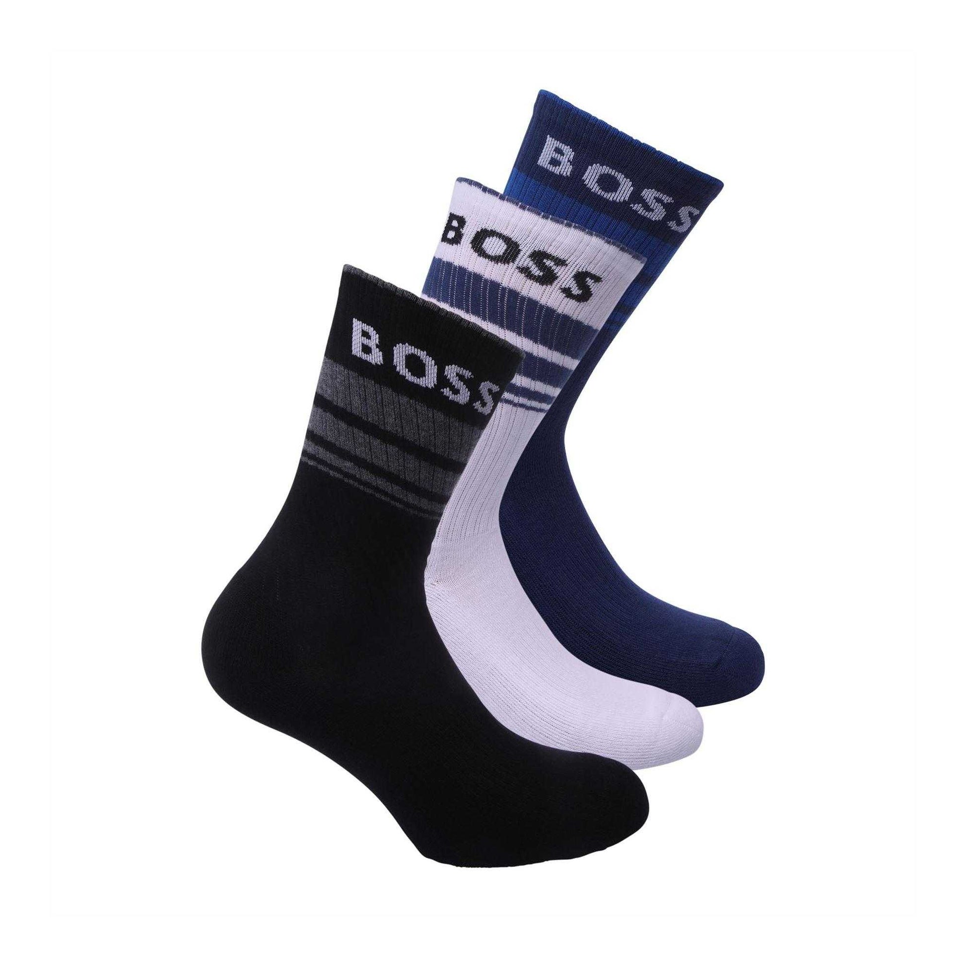 Navy-White-Blue - Front - Boss Unisex Adult Short Socks (Pack of 3)