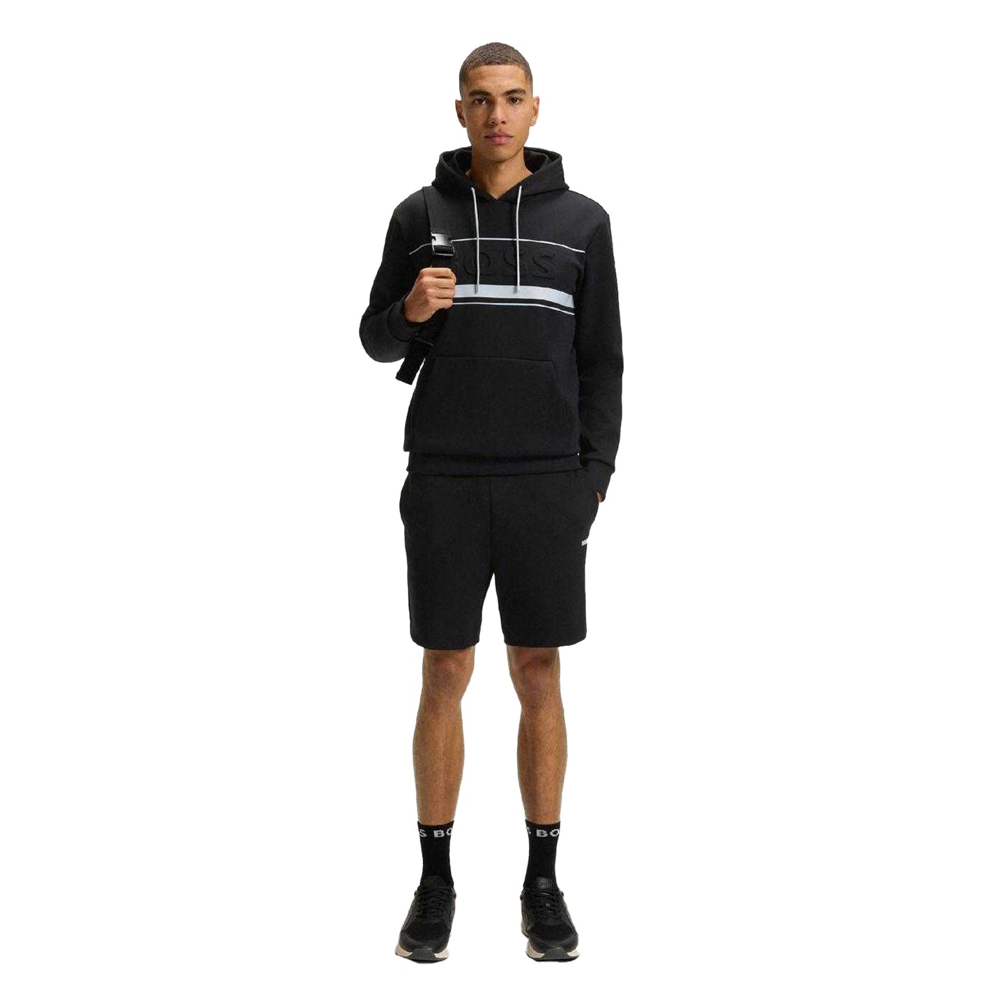 Black - Pack Shot - Boss Mens Zone Stripe Detail Shorts