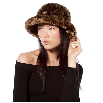 Brown - Lifestyle - Kangol Womens-Ladies Leopard Print Faux Fur Casual Bucket Hat