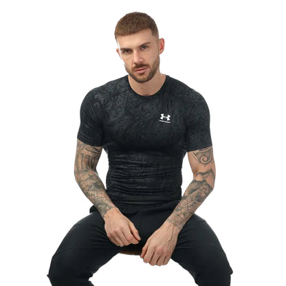 Black - Side - Under Armour Mens Printed HeatGear Compression T-Shirt